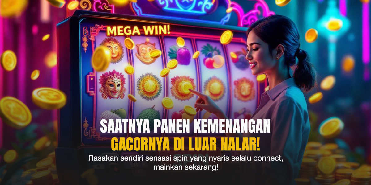 Wanita muda sedang bermain slot online dengan layar menampilkan simbol Mega Win, dikelilingi efek koin emas melayang.